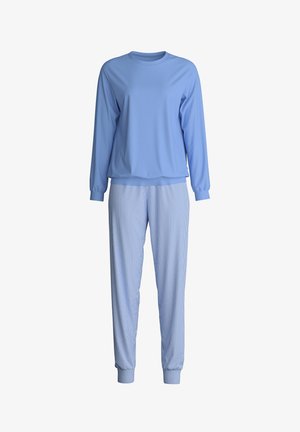Top blu lungo con maniche a girocollo e pantaloni da pigiama a righe abbinati. Tessuto morbido, vestibilità rilassata, polsini e vita a costine.