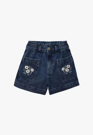 Short en jean avec ceinture élastique, bouton devant, deux poches avant brodées chacune de fleurs blanches et de feuilles vertes.