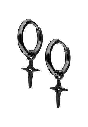 Schwarze Metall-Hoop-Ohrringe mit hängenden, sternförmigen Kreuzanhängern, vor weißem Hintergrund dargestellt.