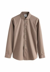 Chemise marron à manches longues en tissu lisse, avec un col pointu, des boutons de fermeture et un ourlet arrondi. Légère brillance et détails minimalistes.