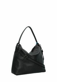 Borsa a spalla in pelle nera con una finitura testurizzata, dotata di una singola tracolla, chiusura con zip e una tasca con zip in evidenza sulla parte anteriore.