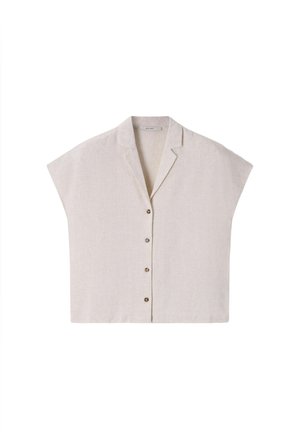 Beige overhemd met korte mouwen met knopen, een ingezette kraag, een rechte zoom en vier zichtbare knopen aan de voorkant.