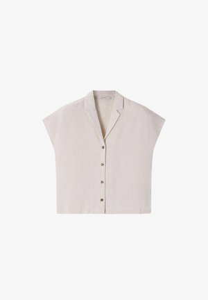 Beige short-sleeve button-up shirt with a notched collar, straight hem, and four visible buttons down the front.