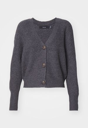 Cardigan en tricot gris foncé avec un col en V, des manches longues et cinq boutons sur le devant. Présente une texture côtelée et un design court.