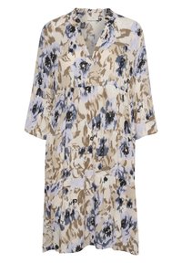 Robe florale en tissu léger avec un décolleté en V, des manches trois-quarts et un design à volants. Les couleurs incluent le beige, le bleu et le marron.