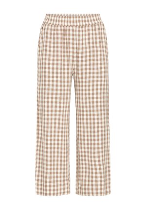 Pantalon ample à carreaux vichy beige et blanc avec taille élastique, jambes droites et coupe à longueur de cheville.