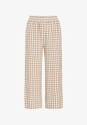 Bézs és fehér kockás, bővebb fazonú nadrág gumis derékrésszel, egyenes szárú és boka hosszig érő szabással.