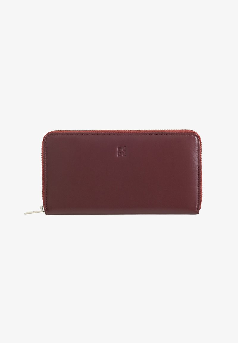 Burgundy leather wallet, zip-around closure, smooth texture, embossed logo on the front, rectangular shape, and reinforced stitching detail.