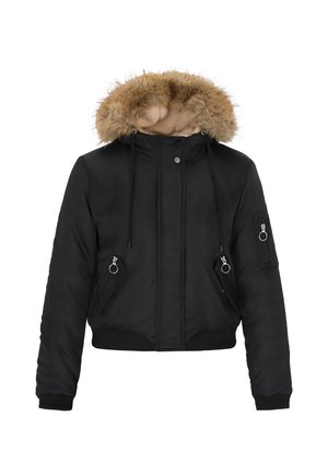 Černá bomber bunda s kapucí s umělou kožešinou, zipovými kapsami, elastickými manžetami a páskem. Měkká látka s hladkým povrchem.