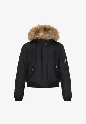 Zwarte bomberjack met een nep-vachten capuchon, ritszakken, elastische manchetten en tailleband. Zachte stof met een gladde textuur.