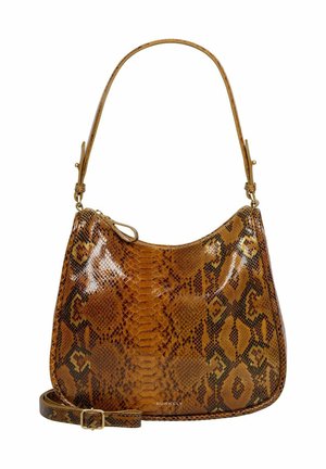 Sac à main beige imitant le motif serpent avec une finition brillante, présentant un corps texturé et une seule bandoulière, agrémenté de quincaillerie dorée.