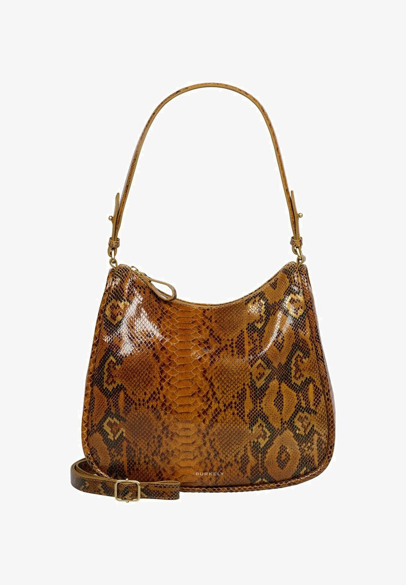Sac à main beige imitant le motif serpent avec une finition brillante, présentant un corps texturé et une seule bandoulière, agrémenté de quincaillerie dorée.