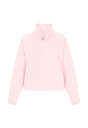 Lichtroze ritsjack van fleece met een hoge kraag, raglanmouwen en een ontspannen pasvorm, met een zachte textuur en zonder zichtbare patronen.