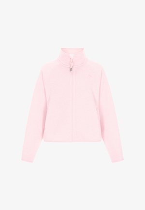 Lichtroze ritsjack van fleece met een hoge kraag, raglanmouwen en een ontspannen pasvorm, met een zachte textuur en zonder zichtbare patronen.