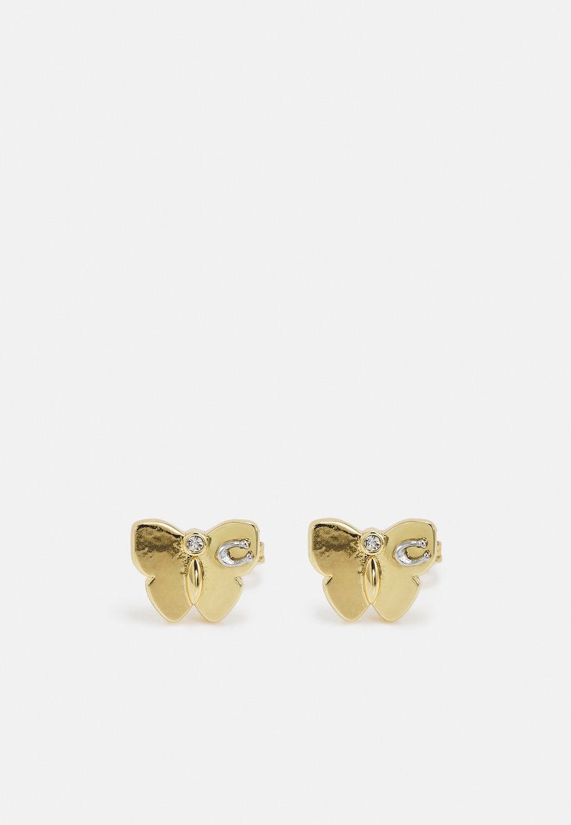 Boucles d'oreilles clous en forme de papillon en or avec de petits gemmes claires et des accents argentés sur un fond blanc uni.