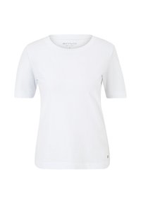 Biała koszulka z krótkim rękawem, wykonana z miękkiej bawełny, z okrągłym dekoltem i małym logo blisko dolnego brzegu.