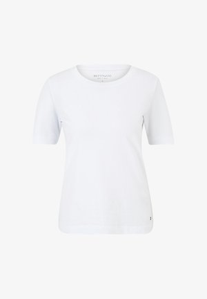 T-shirt blanc à manches courtes en coton doux, avec un col rond et un petit logo près de l'ourlet.