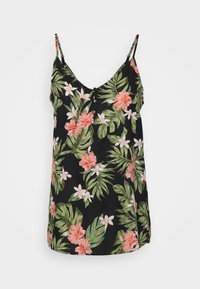 Czarny bezrękawnik z dekoltem w kształcie litery V, zdobiony tropikalnym wzorem kwiatowym w odcieniach różu i zieleni, z guzikami z przodu. Miękka faktura tkaniny.