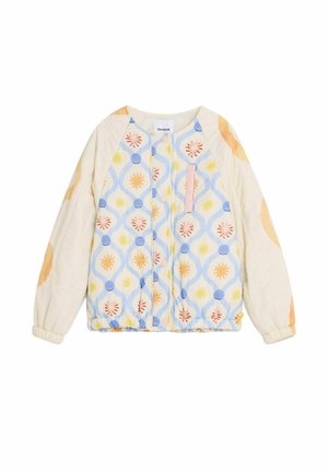 Kurtka pikowana z długim rękawem, z elastycznymi mankietami, niebiesko-żółty kwiatowy wzór z przodu oraz brzoskwiniowe okrągłe wzory na kremowych rękawach.