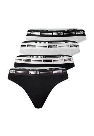 Vier Puma-markierte Baumwoll-Damenunterhosen in Schwarz und Hellgrau mit elastischen Bundbändern, die das Puma-Logo und Streifen zeigen.
