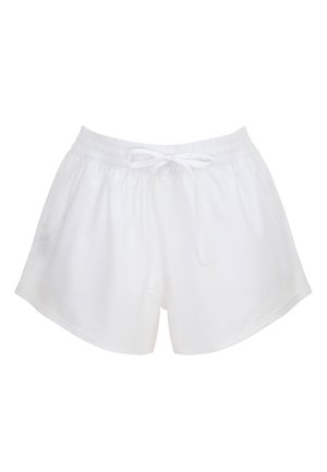 Weiße legere Shorts mit elastischem Bund und vorderem Kordelzug, ausgestattet mit Seitentaschen und einem lockeren Schnitt.