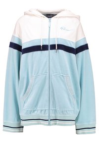 Lichtblauwe en witte zip-up hoodie met een marineblauwe streep over de borst en mouwen, voorzakken en een capuchon met trekkoord.