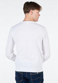 Maglione bianco a maniche lunghe con colletto rotondo, polsini e orlo a coste, indossato sopra jeans scuri. Texture liscia senza modelli o accenti visibili.