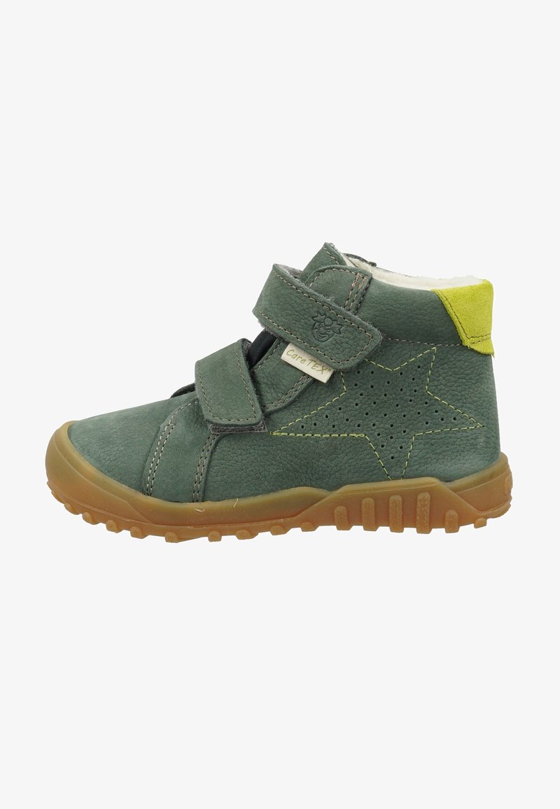 Grüner Leder-Mid-Top-Kinder Schuh mit zwei Klettverschluss-Riemen, gelben Akzenten, Stern-Ausschnitt-Design und einer Gummisohle für gute Bodenhaftung.