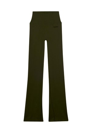 Olive green flared leggings made from stretch fabric. Features a high waistband and stitched detailing along the legs. Brand logo visible.