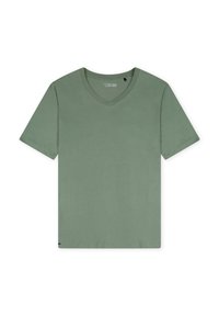 Koszulka z krótkim rękawem w kształcie litery V w jasnym zielonym kolorze, wykonana z miękkiej bawełny. Posiada prosty dół oraz delikatną metkę marki w dolnym lewym rogu.
