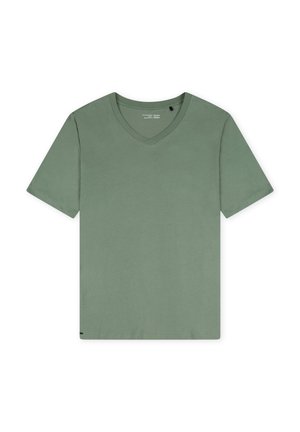 V-kauluksellinen lyhythihainen t-paita vaaleanvihreänä, valmistettu pehmeästä puuvillasta. Siinä on suora helma ja huomaamaton brändilogo vasemmassa alareunassa.