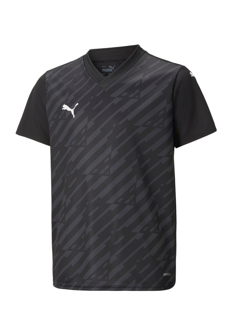 Schwarzes Sporthemd mit kurzen Ärmeln, V-Ausschnitt, strukturiertem Muster mit helleren geometrischen Formen und kleinem weißen Puma-Logo auf der Vorderseite.