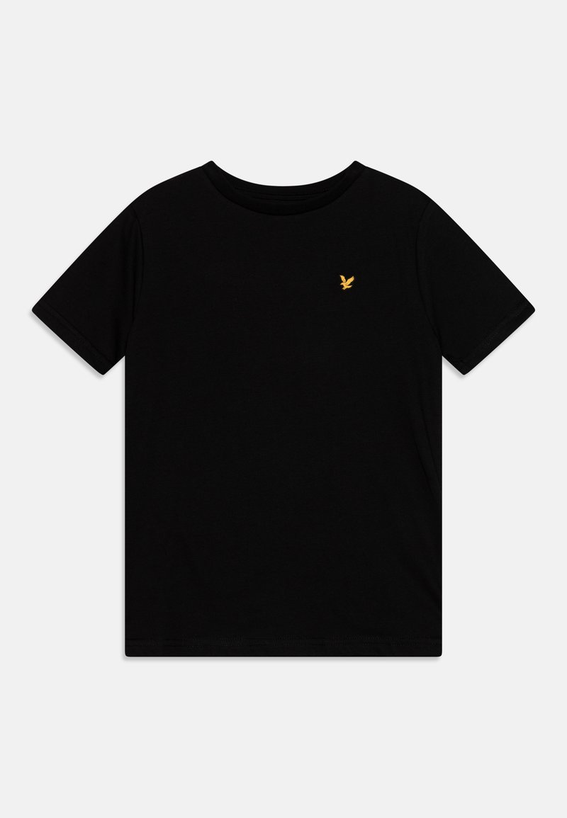 Black cotton t-shirt with short sleeves, crew neck, and small yellow embroidered bird logo on the chest. Simple, solid color design.