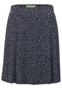 Černá sukně s bílým tečkovaným vzorem, elastickým pasem, rozšířeným střihem a lehkou látkou, vhodná pro každodenní nošení.