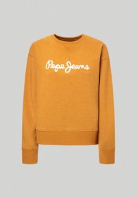 Senapsgul sweatshirt med rund halsringning, ribbade muddar och fåll. Har vitt "Pepe Jeans"-logo över framsidan. Material av bomullsblandning.