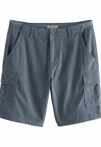 Pantaloni scurți cargo din țesătură albastră închisă, cu mai multe buzunare, închidere cu nasture și detalii cusute. Textură fină, cu un design casual.