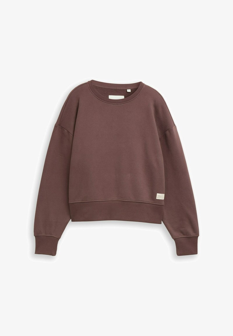 Brauner, kurz geschnittener Sweatshirt aus weichem Stoff, mit Rundhalsausschnitt und gerippten Bündchen, versehen mit einem kleinen Etikett auf der unteren linken Seite.