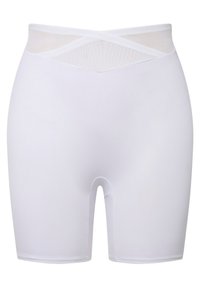 Shorts bianchi a vita alta realizzati in materiale elasticizzato, caratterizzati da un pannello a rete in vita e una superficie liscia senza motivi.