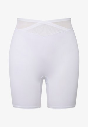 Weiße hochtaillierte Shorts aus dehnbarem Material, mit einem Mesh-Einsatz an der Taille und einer glatten Oberfläche ohne Muster.