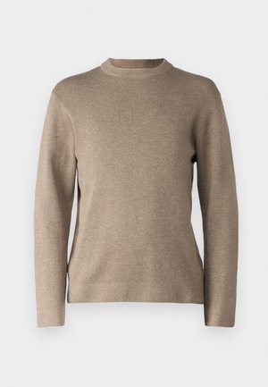 Beige Pullover mit Rundhalsausschnitt, langen Ärmeln, gerippten Bündchen und einem weichen, strukturierten Stoff. Hat ein schlichtes Design und eine lockere Passform.