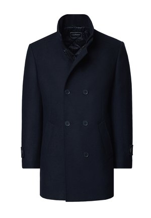 Granatowy dwurzędowy płaszcz wykonany z wełny, z wysokim kołnierzem, dwiema bocznymi kieszeniami i zapinanymi mankietami. Gładka faktura i klasyczny design.
