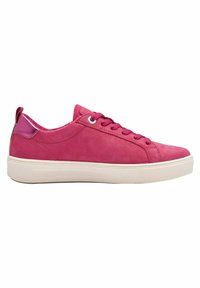 Sneakers in pelle rosa con suole bianche piatte, punta rotonda e lacci abbinati. Presentano un piccolo dettaglio sul tallone. Texture liscia.