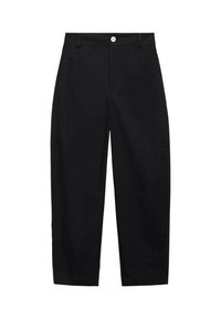Pantaloni neri a gamba dritta in cotone. Presentano una chiusura frontale con bottone, tasche laterali e una texture liscia e opaca.