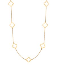 Goudkleurige ketting met een design van afwisselende klaver-vormige schakels met uitgesneden centra, een gladde afwerking en een delicaat ontwerp.