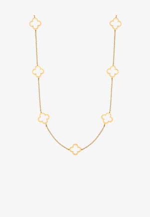 Guldtonet kædehalssmykke med skiftende kløverformede links med udskårne midterstykker, glat overflade og et delikat design.