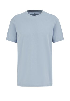 Gaiši zils kokvilnas T-krekls ar apaļu izgriezumu un īsām piedurknēm, gluda tekstūra un klasikā piegriezums.
