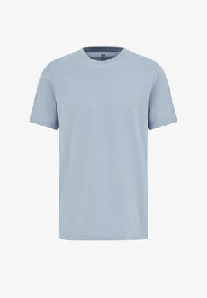 Svijetloplava pamučna majica s okruglim izrezom i kratkim rukavima, glatke teksture i klasičnog kroja.