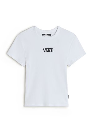 T-shirt bianco a coste con maniche corte, caratterizzato da un piccolo logo nero "VANS" sul petto e un orlo dritto con un'etichetta tessuta sul lato.