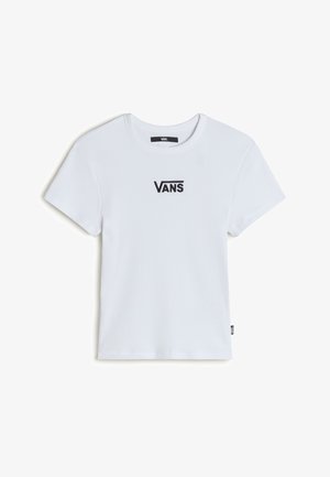 Hvid ribbet t-shirt med korte ærmer, der har et lille sort "VANS" logo på brystet og en lige kant med et vævet mærke på siden.