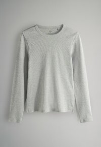 Graues Langarm-T-Shirt aus weichtexturiertem Stoff, mit Rundhalsausschnitt, geripptem Muster und lockerem Schnitt mit geradem Saum.